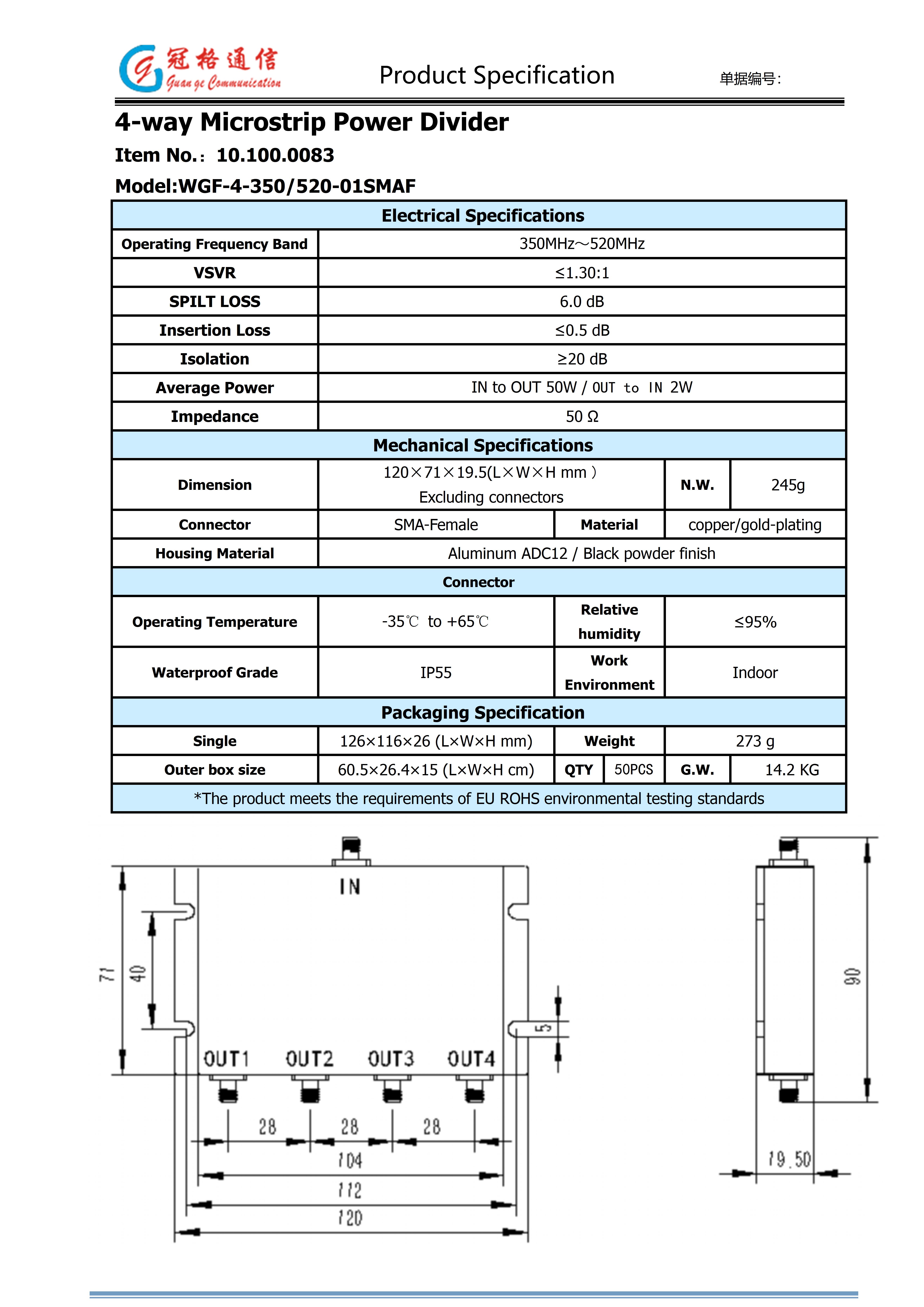 4-way SMA-F Microstrip Power Divider